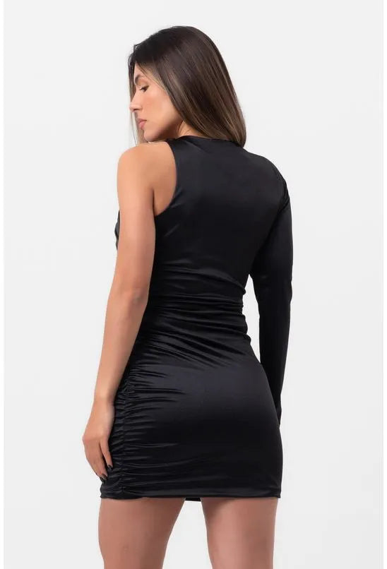 VESTIDO SATIN CURTO DRAPEADO ASSIMÉTRICO PRETO LABRAVA