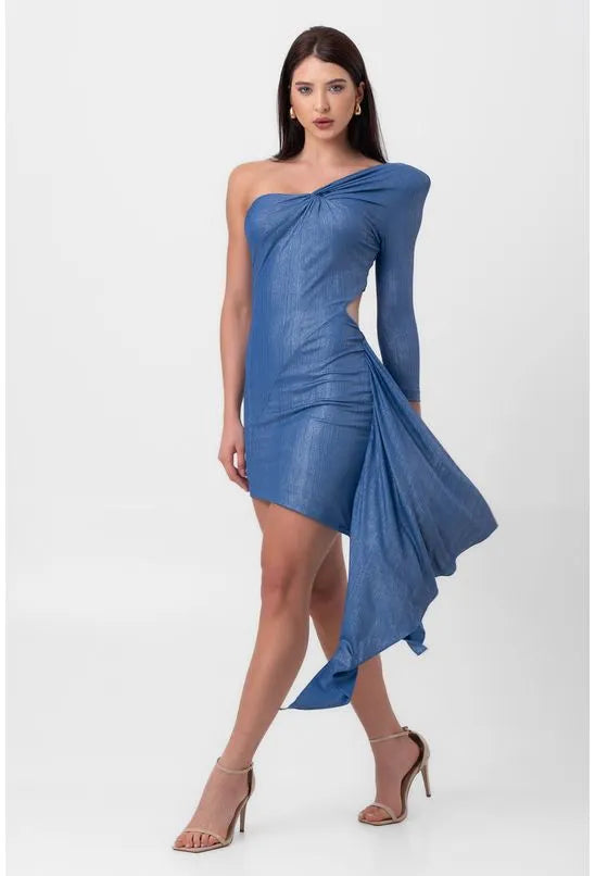 VESTIDO LUREX CURTO CALDA E TORÇÃO AZUL LABRAVA