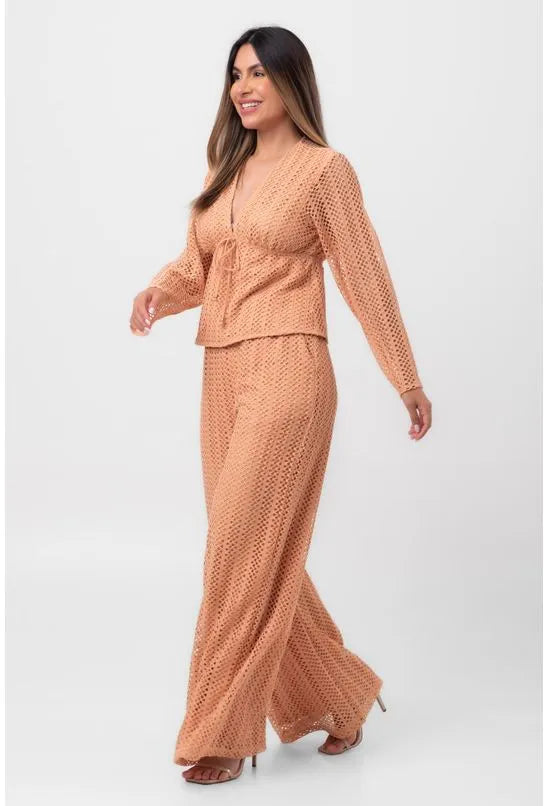 BLUSA RENDA DECOTE V BEGE LABRAVA