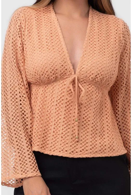 BLUSA RENDA DECOTE V BEGE LABRAVA