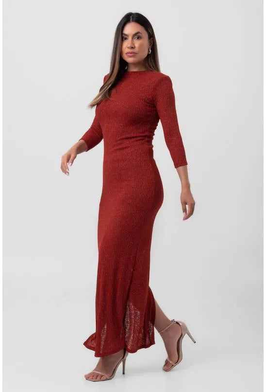 VESTIDO TRICOT CANELADO SUPER MIDI VERMELHO LABRAVA