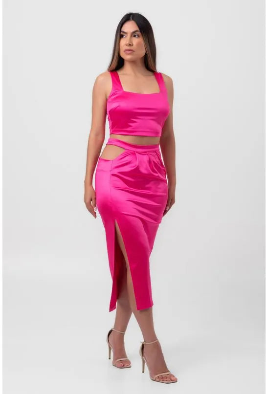 SAIA SATIN MIDI ASSIMÉTRICA ROSA LABRAVA