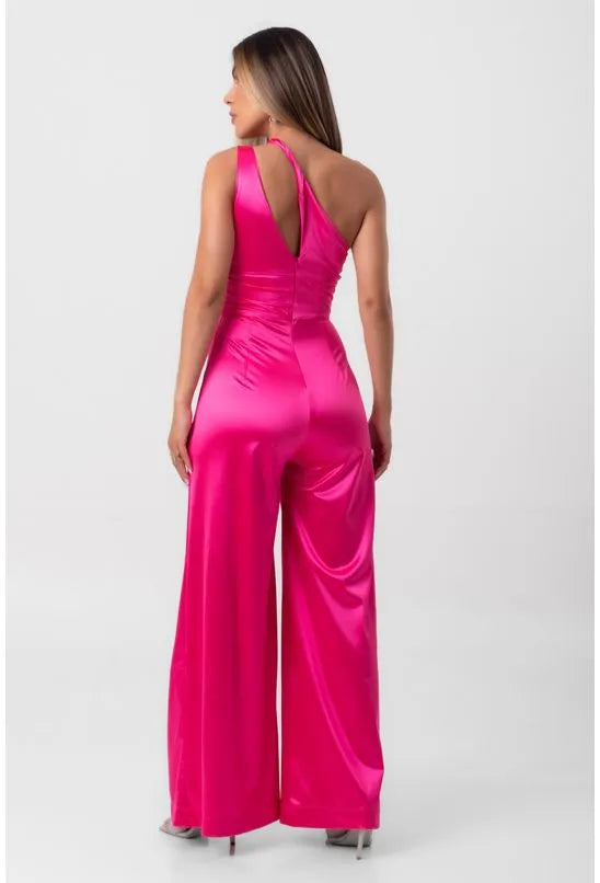 MACACÃO SATIN RECORTES ASSIMÉTRICO ROSA LABRAVA