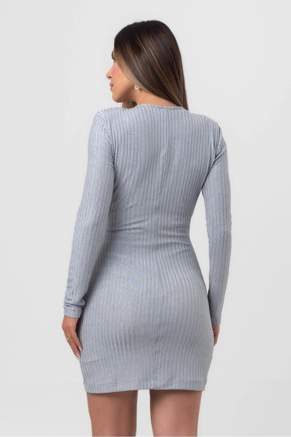 VESTIDO CANELADO CURTO DECOTE V LAÇO PRATA LABRAVA