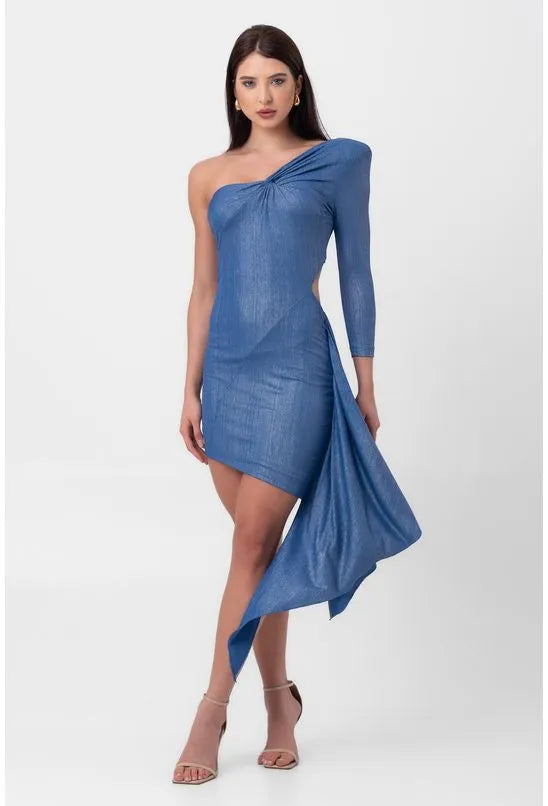 VESTIDO LUREX CURTO CALDA E TORÇÃO AZUL LABRAVA
