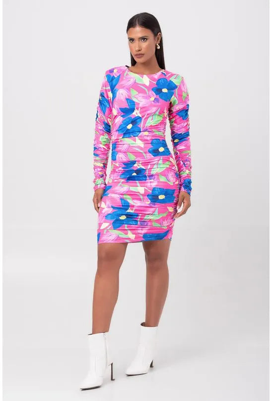 VESTIDO CURTO FRANZIDO ESTAMPADO LANÇA PERFUME