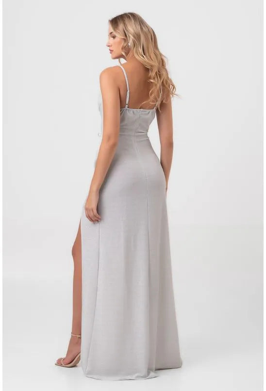VESTIDO LONGO ALÇA FINA COM FENDA LATERAL PRATA