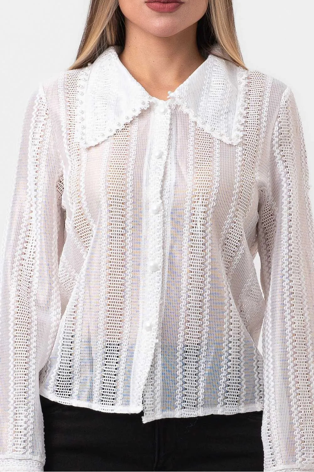 CAMISA MANGA LONGA DETALHE GOLA PEROLADA BRANCA