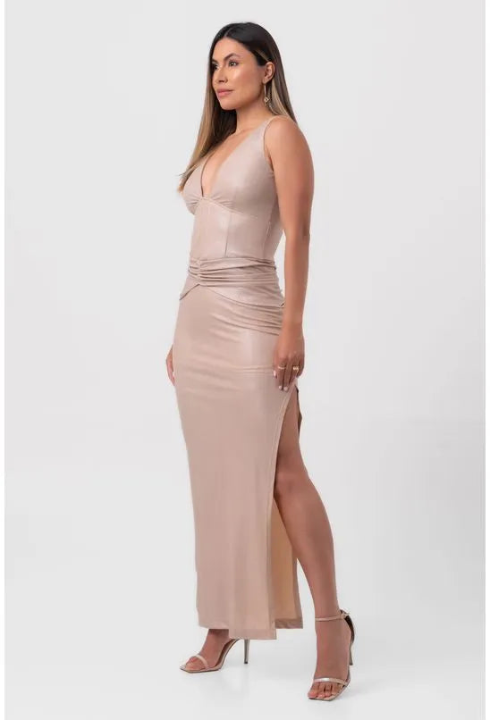 VESTIDO LUREX LONGO BEGE LABRAVA
