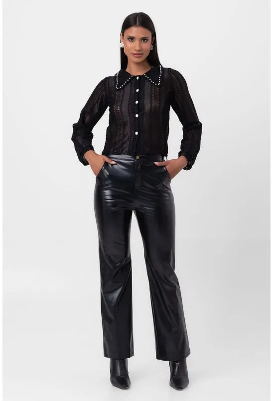 CALÇA DE COURO FLARE PRETA