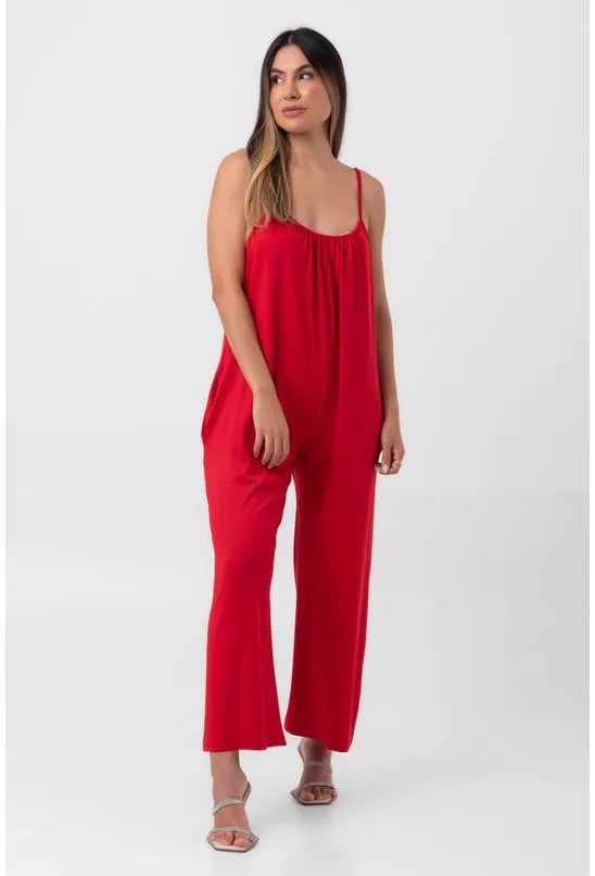 MACACÃO DE ALÇA CASUAL SOLTO COM BOLSO VERMELHO