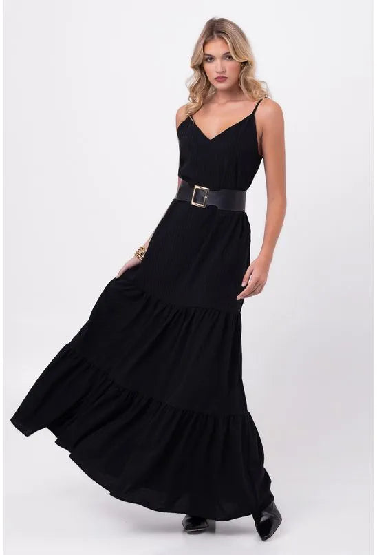 VESTIDO CREPE LONGO MARIAS PRETO PEQUIÁ