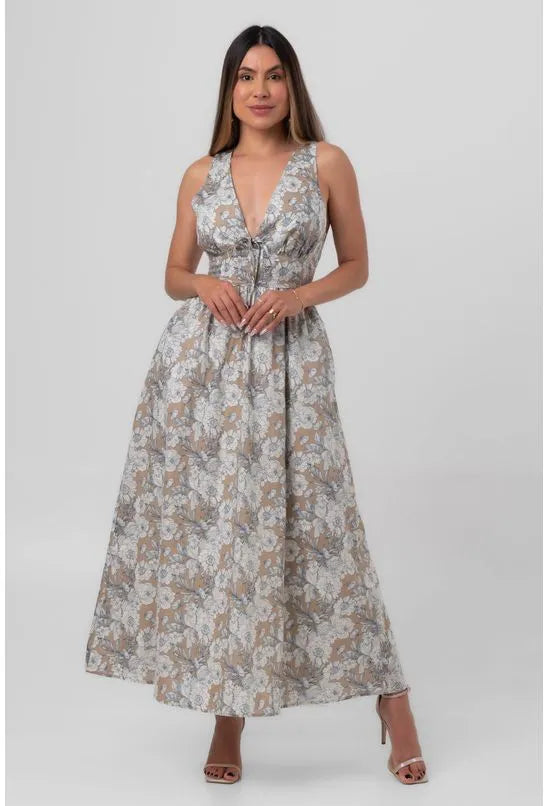 VESTIDO SUPER MIDI FLOR DO ORIENTE BEGE PEQUIÁ