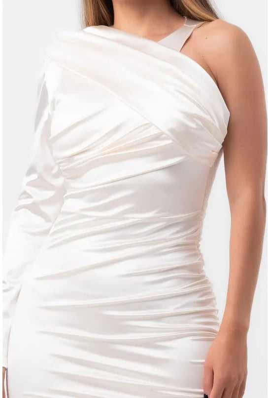 VESTIDO SATIN CURTO DRAPEADO ASSIMÉTRICO OFFWHITE LABRAVA