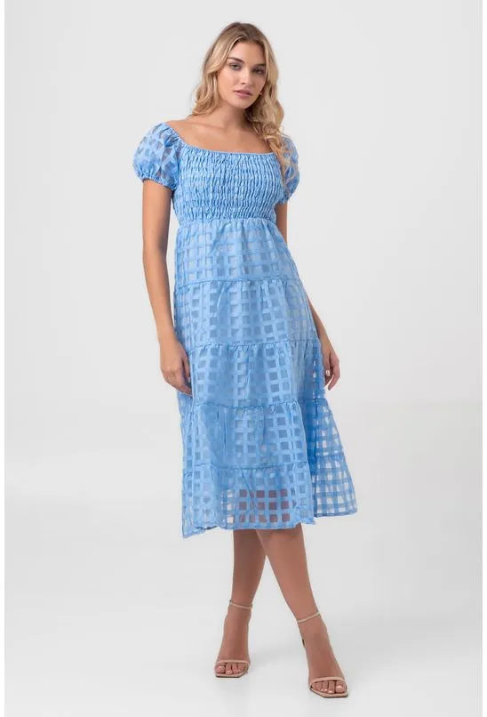 VESTIDO MIDI DE RENDA COM MANGAS BUFANTES AZUL