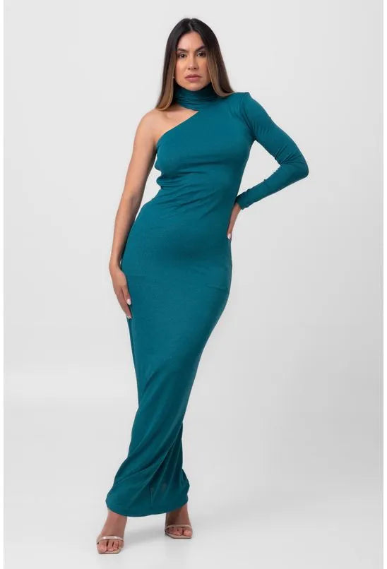 VESTIDO LUREX LONGO ASSIMÉTRICO VERDE LABRAVA