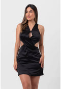 VESTIDO ACETINADO CURTO RECORTES TRIANGULARES PRETO LABRAVA