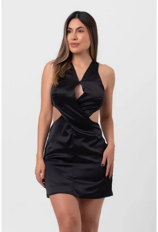 VESTIDO ACETINADO CURTO RECORTES TRIANGULARES PRETO LABRAVA