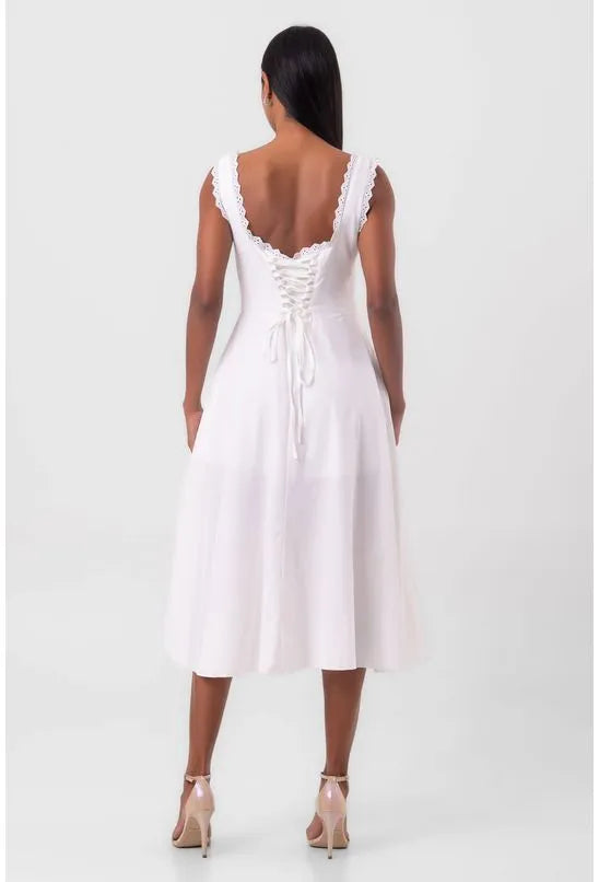 VESTIDO MIDI COM RENDA DECOTE V CORSET BRANCO