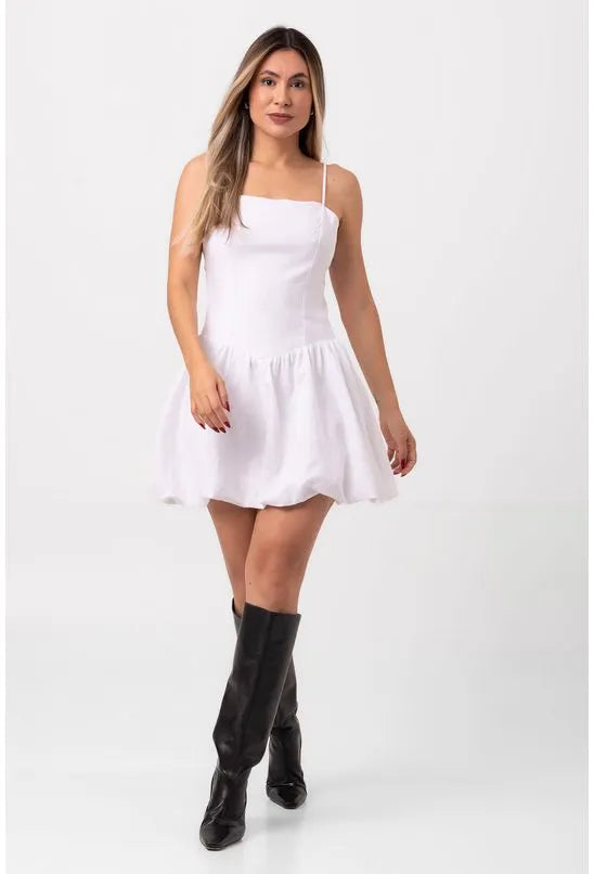 VESTIDO CURTO BALONÊ ALÇAS FINAS BRANCO LABRAVA