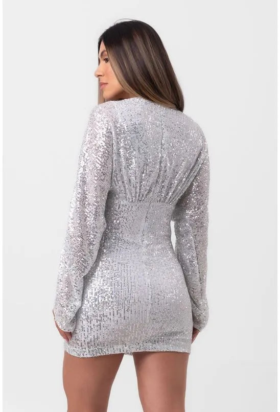 VESTIDO CURTO PREGAS PAETÊ PRATA LABRAVA