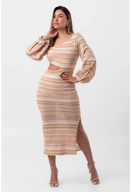 VESTIDO BORDADO MIDI ASSIMÉTRICO ETNIA BEGE LABRAVA