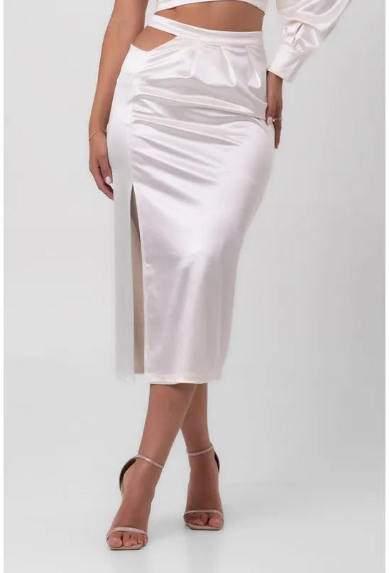 SAIA SATIN MIDI ASSIMÉTRICA OFFWHITE LABRAVA