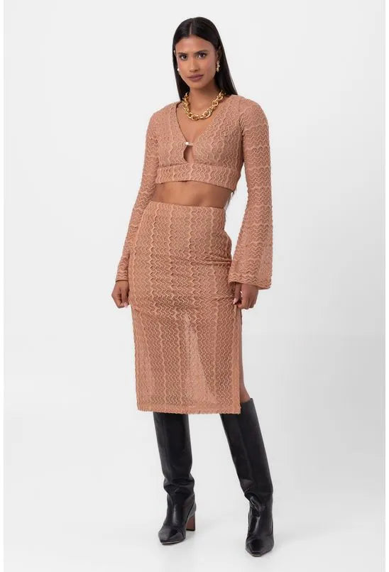 SAIA RENDA MIDI COM FENDA NUDE LABRAVA